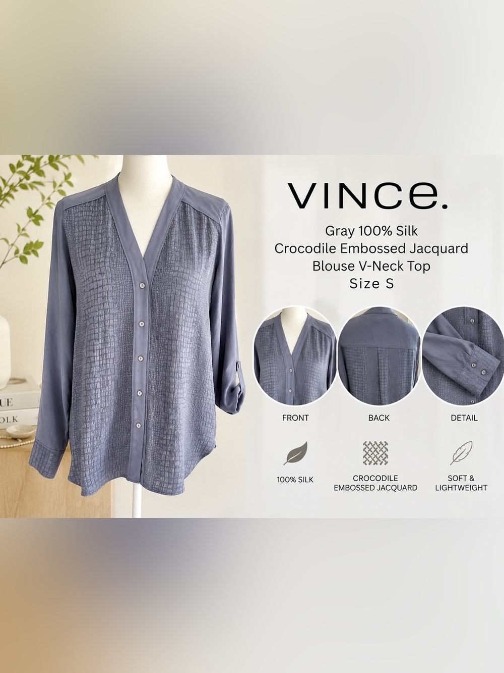 Vince Gray 100% Silk Crocodile Embossed Jacquard Blouse V-Neck Top Size S